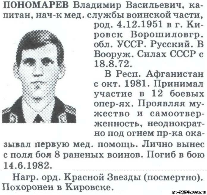 Пономарёв Владимир Васильевич. Начмед бригады, капитан. Погиб 14.6.1982г.
