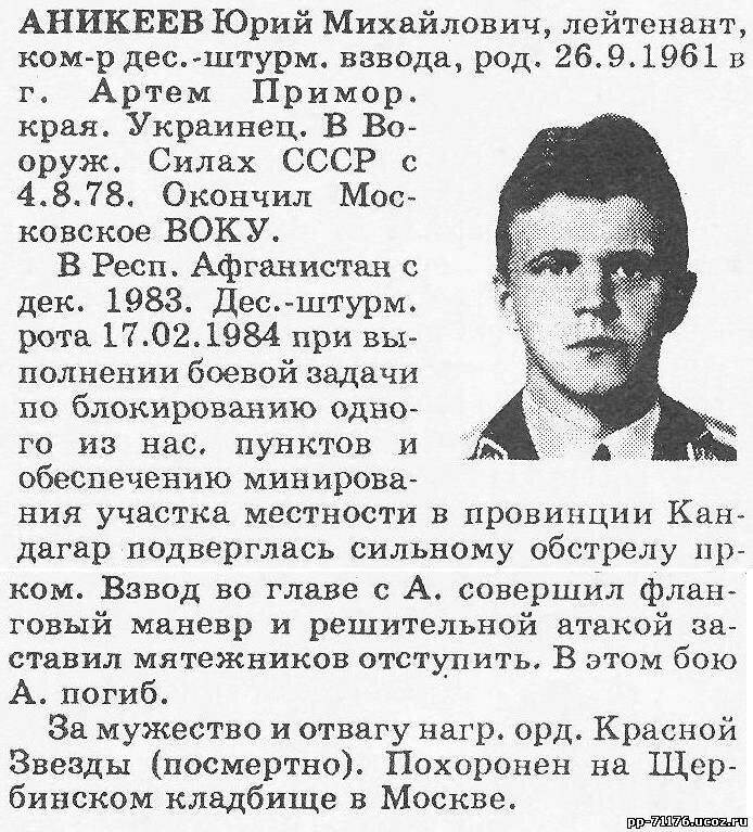 Аникеев Юрий Михайлович. Командир 2 дшв 3 дшр, лейтенант. Погиб 17.02.1984г.