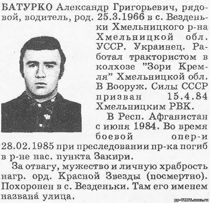 Батурко Александр Григорьевич, Водитель БТР 3 мср 1 мсб, рядовой. Погиб 28.02.85 г.