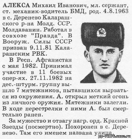 Алекса Михаил Иванович. Ст. механик-водитель БМД 3 дшр, мл. сержант. Погиб 27.11.1982г.