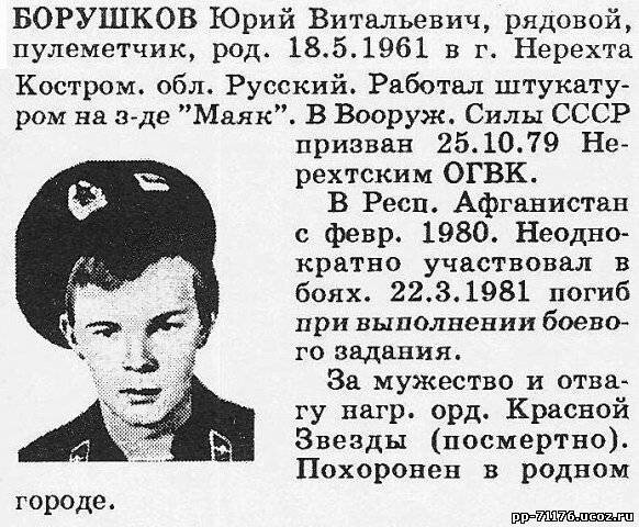 Борушков Юрий Витальевич. Пулеметчик 2 дшр, рядовой. Погиб 22.3.1981г.