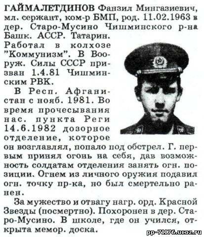 Гаймалетдинов Фанзил Мингазиевич. Командир БМП 3 дшр, мл. сержант. Погиб 14.6.1982г.