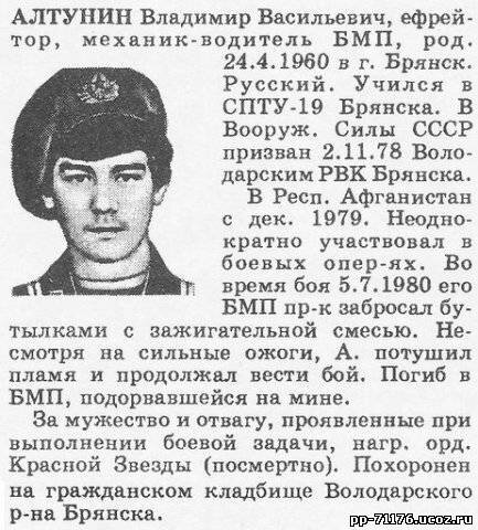 Алтунин Владимир Васильевич. Механик-водитель БМП 2 дшр, ефрейтор. Погиб 05.7.1980г.