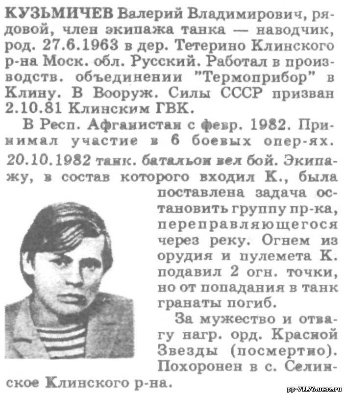 Кузьмичёв Валерий Владимирович. Наводчик танка 3 тр, рядовой. Погиб 20.10.1982 г.