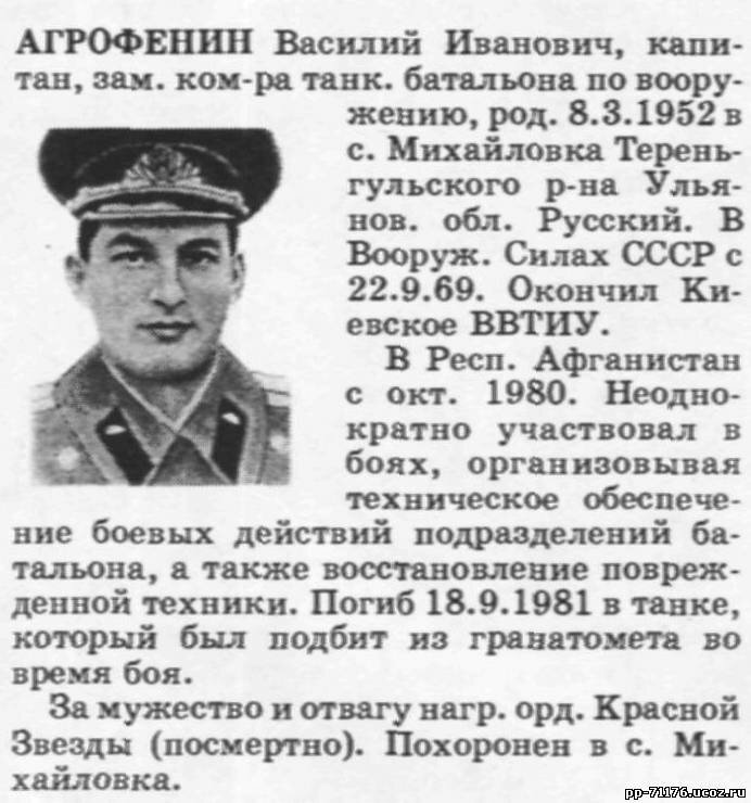 Агрофенин Василий Иванович. Зам. командира 1 мсб по вооружению, капитан. Погиб 18.9.1981г.