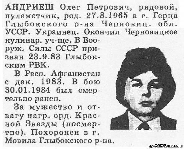 Андриеш Олег Петрович. Пулеметчик 1 дшр, рядовой. Погиб 30.01.1984г.