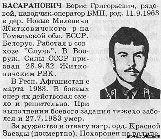 Басаранович Борис Григорьевич. Наводчик-оператор 3 дшр, рядовой. Умер от болезни 27.7.1983г.