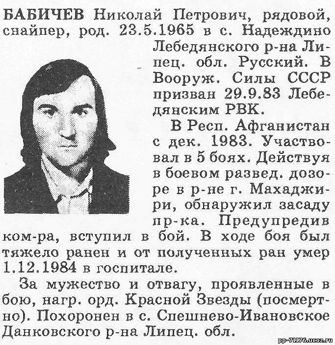 Бабичев Николай Петрович. Снайпер 3 мсв 6 мср 2 мсб, рядовой. Умер от ран 01.12.1984г.