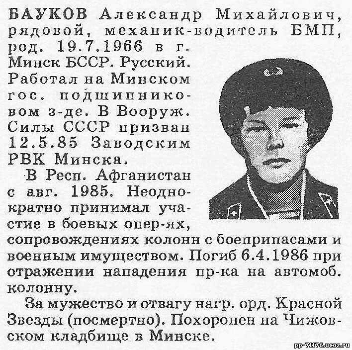 Бауков Александр Михайлович. Мех-водитель разведвзвода ДШБ, рядовой. Погиб 6.4.1986г.