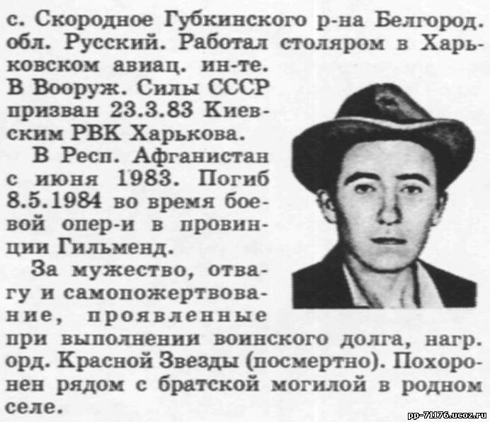 Адонин Александр Михайлович. Наводчик пулемета 9 мср. Погиб 8.5.1984г.