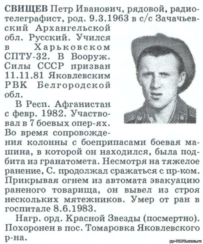Свищев Пётр Иванович. Радиотелеграфист роты связи, рядовой. Умер от ран 8.6.1983г.