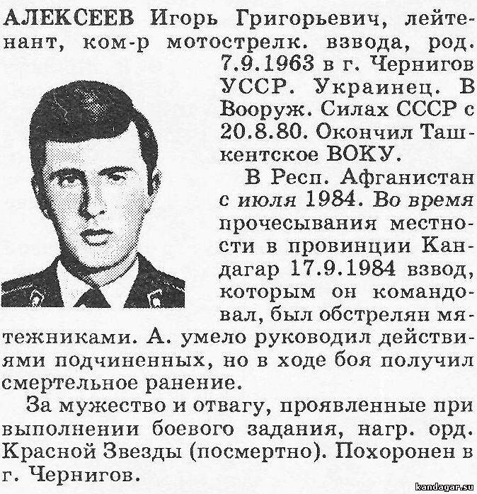 Алексеев Игорь Григорьевич. Командир 2 дшв 1 дшр, лейтенант. Погиб 17.9.1984г.