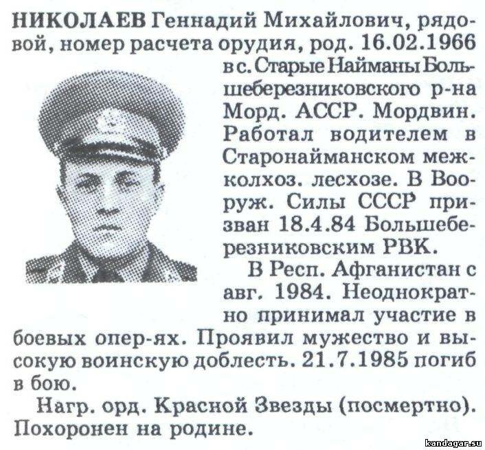 Николаев Геннадий Михайлович, номер расчета орудия, рядовой, 3-я артбатарея артдивизиона. Погиб 21.7.1985 г.
