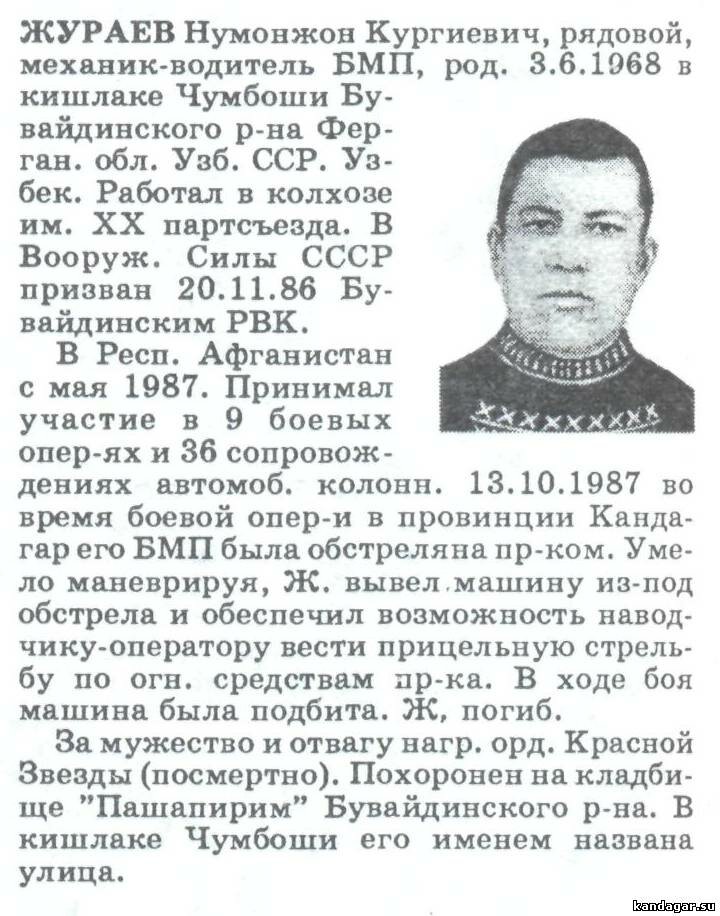 Жураев Нумонжон Кургиевич. Механик-водитель танка 3 тр 3 тв ТБ, рядовой. Погиб 13.10.1987 г.