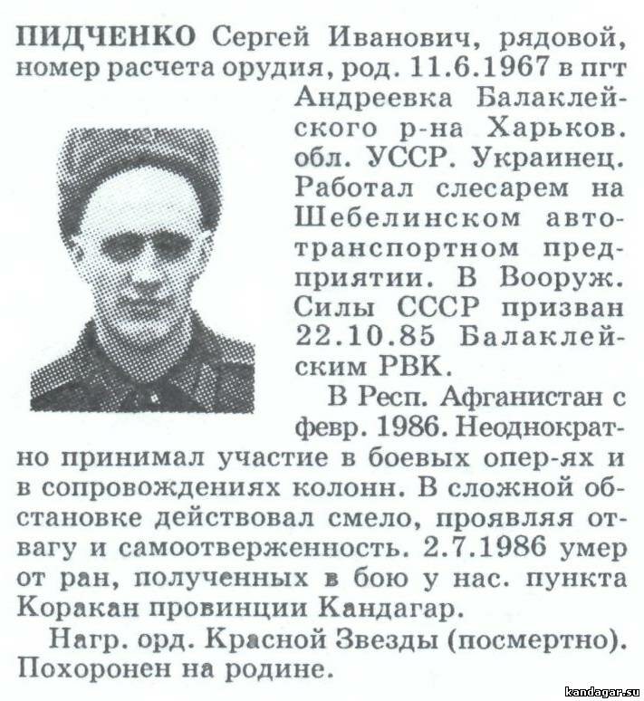 Пидченко Сергей Иванович. Номер расчёта орудия 3 батареи АДН, рядовой. Погиб 02.7.1986 г.
