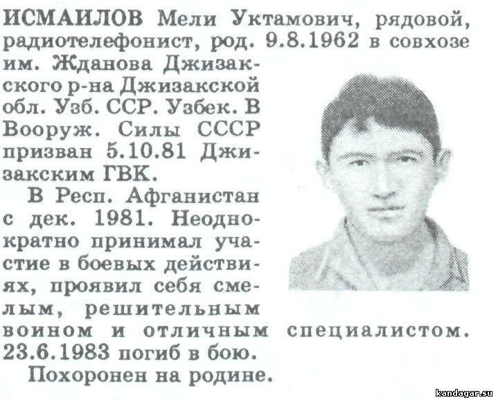 Исмаилов Мели Уктамович. Радиотелефонист ТБ, рядовой. Погиб 23.6.1983г.