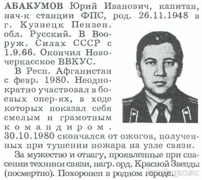 Абакумов Юрий Иванович. Начальник 847 станции ФПС, капитан. Скончался от ожогов 30.10.1980г.