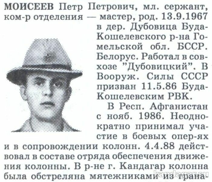 Моисеев Пётр Петрович. Командир отделения-мастер ремонтной роты, мл. сержант. Скончался от ран 6.4.1988г.