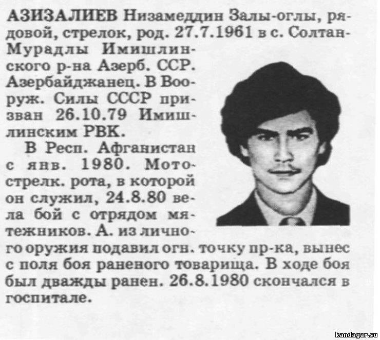 Азизалиев Низамеддин Залы-оглы. Стрелок 7 мср 3 мсб, рядовой. Умер от ран 26.8.1980г.