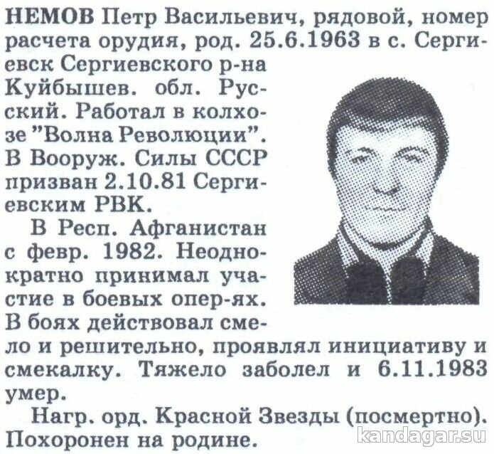 Немов Петр Васильевич. Номер расчета орудия АДН, рядовой. Умер от болезни 6.11.1983г.