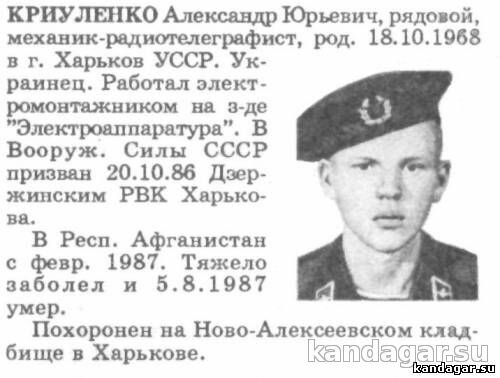 Криуленко Александр Юрьевич. Механик-радиотелеграфист роты связи, рядовой. Умер от болезни 5.8.1987г.